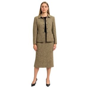 Loft‎ Blazer Jacket & Skirt Set Brown Herringbone Tweed Wool Blend Size 6 Petite